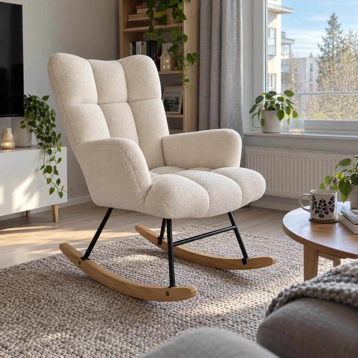 Keinutuoli 67 x 97 x 89 cm – pehmustettu, puu- ja teräsjalat, valkoinen
