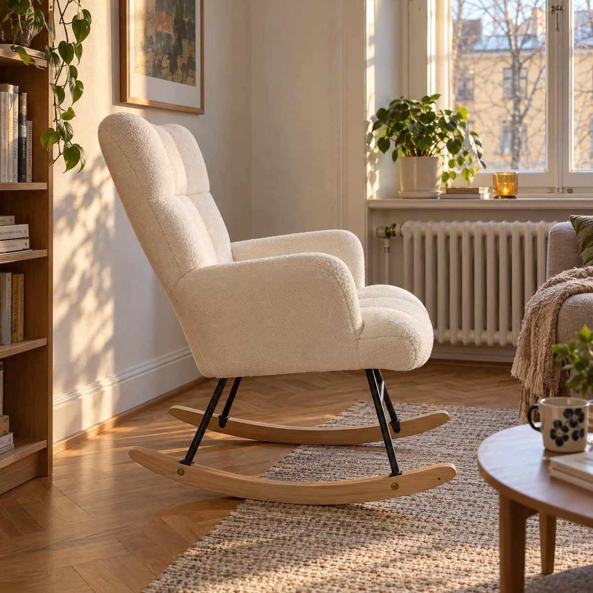Gungstol 67 x 97 x 89 cm – stoppad, ben i trä och stål, vit