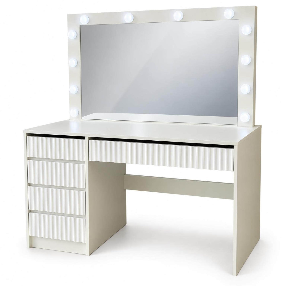 Sminkbord med belysning 120 cm – förvaringslådor, justerbara LED-lampor, vitt