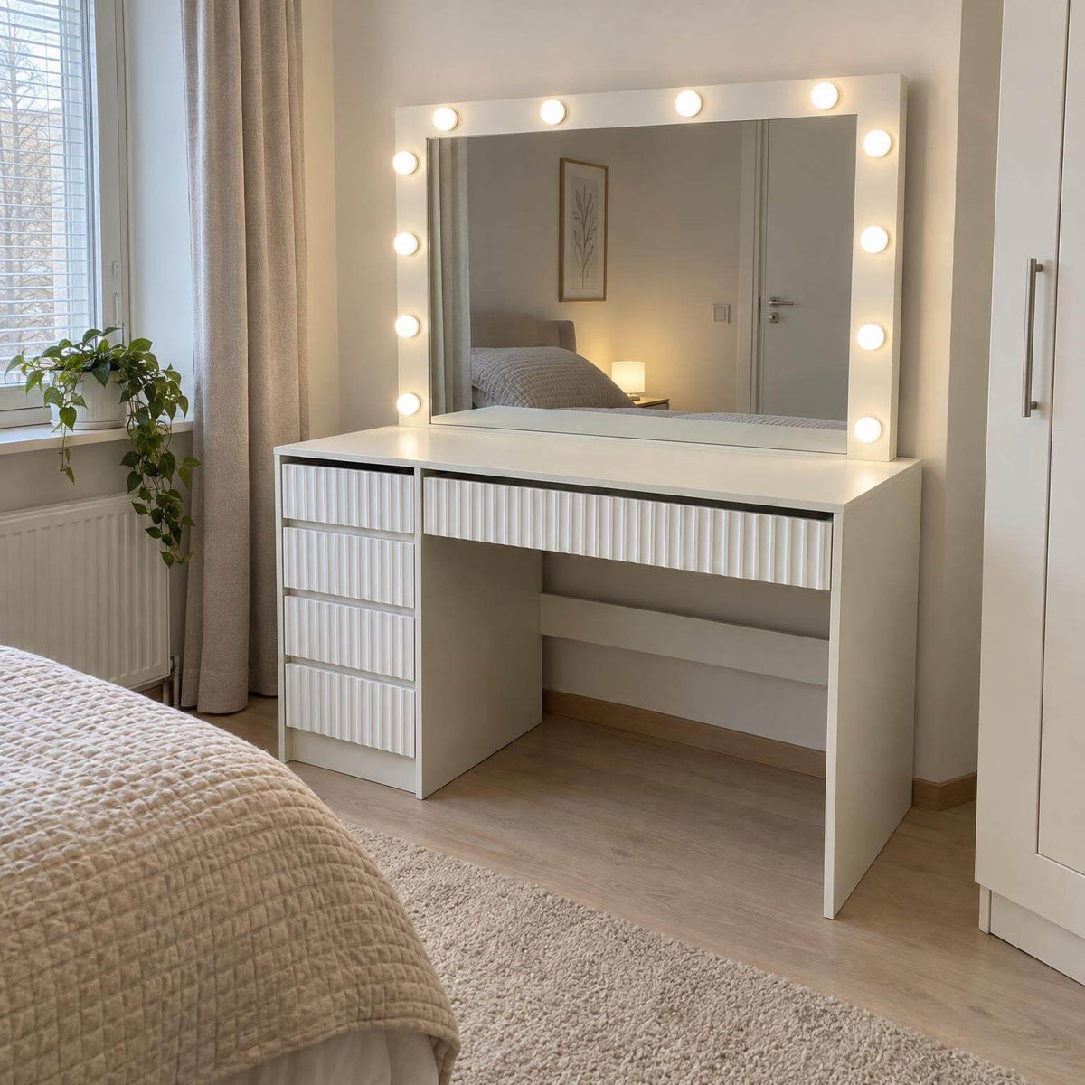 Sminkbord med belysning 120 cm – förvaringslådor, justerbara LED-lampor, vitt