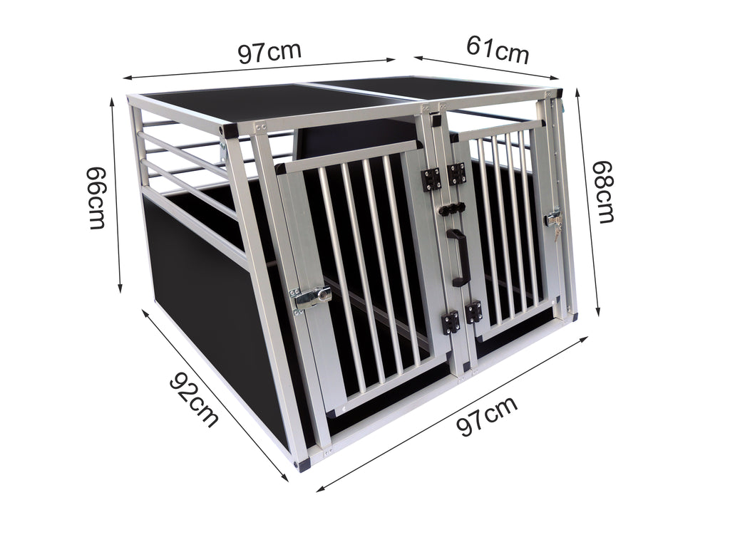 Hundbur för bil 97 x 92 x 66 cm – aluminiumram, MDF-botten, 75° vinklar