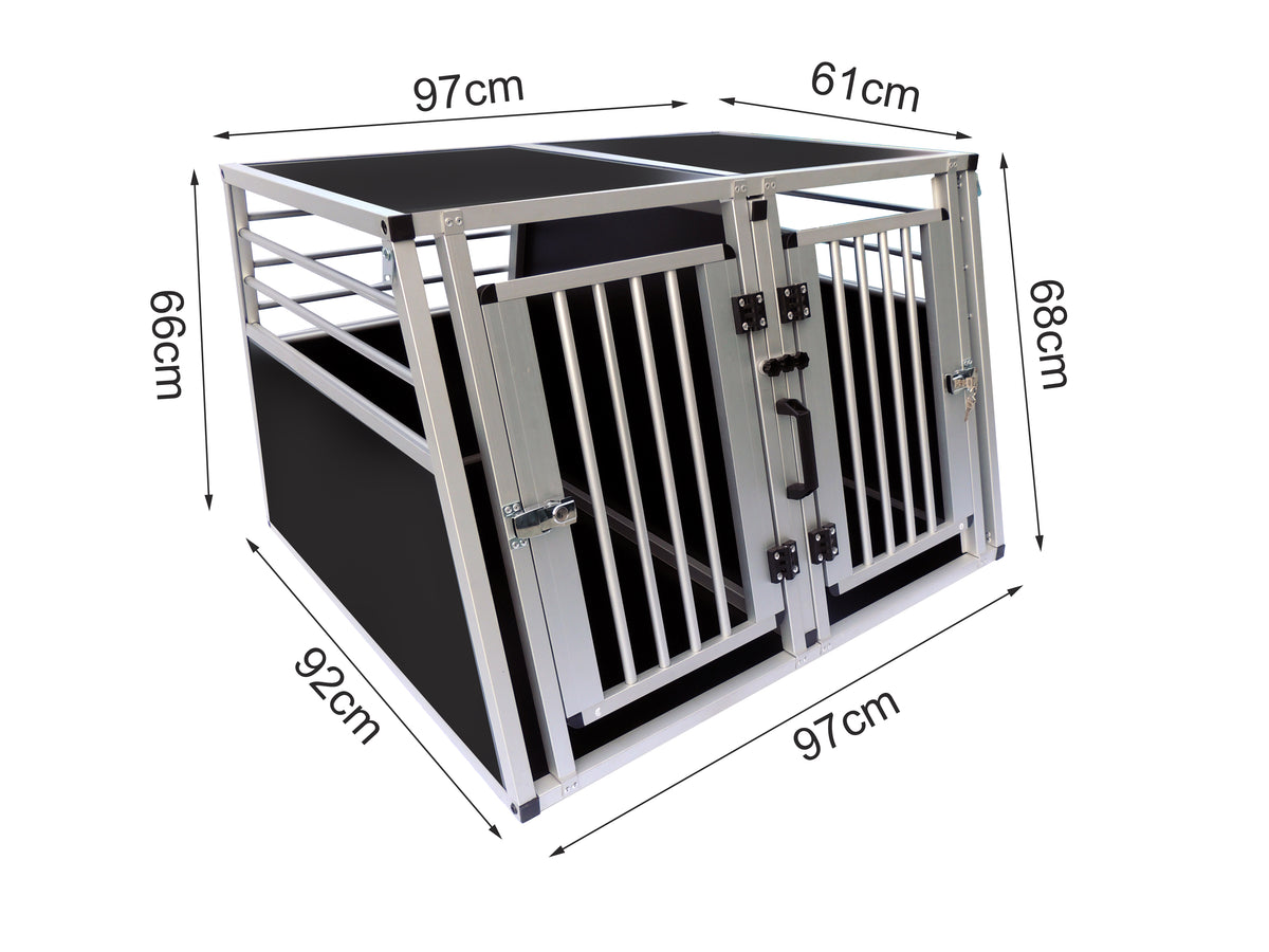 Hundbur för bil 97 x 92 x 66 cm – aluminiumram, MDF-botten, 75° vinklar