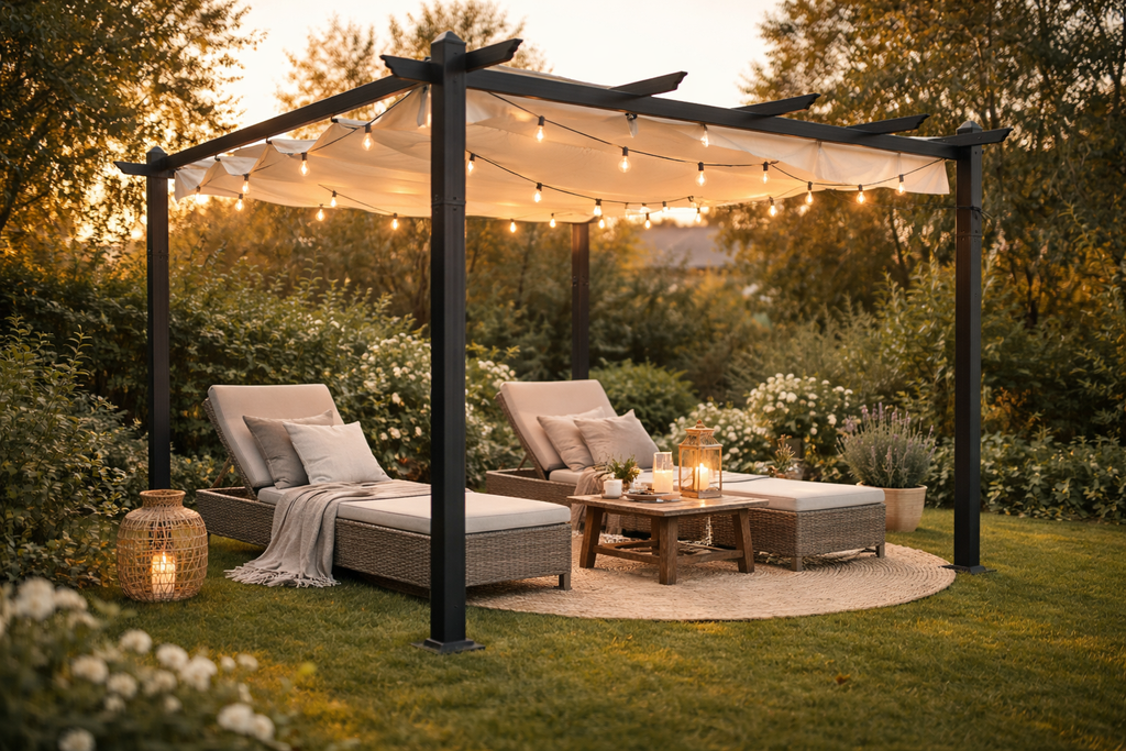Lund & Leaf STRONG Pergola / Terrassöverdrag 3x3m, svart ram, beige överdrag