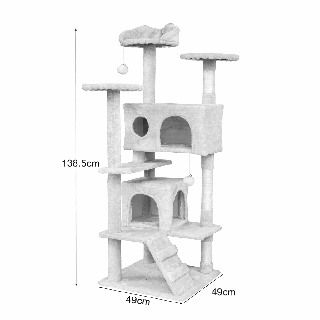 Kattklösbräda 139 cm – 2 hus, sisalstolpar, bollleksaker, svart/röd