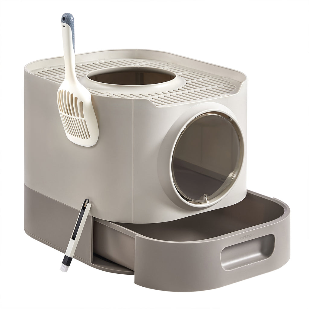 Feandrea XXL-kokoinen hiekkalaatikko kannella, ulosvedettävällä laatikolla, lapiolla ja harjalla, tilava suurille kissoille, vähemmän jälkiä, tiivis pohja, lämmin kauranharmaa