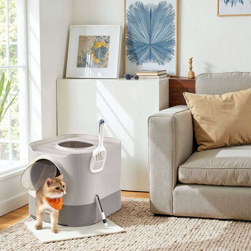 Feandrea XXL-kokoinen hiekkalaatikko kannella, ulosvedettävällä laatikolla, lapiolla ja harjalla, tilava suurille kissoille, vähemmän jälkiä, tiivis pohja, lämmin kauranharmaa