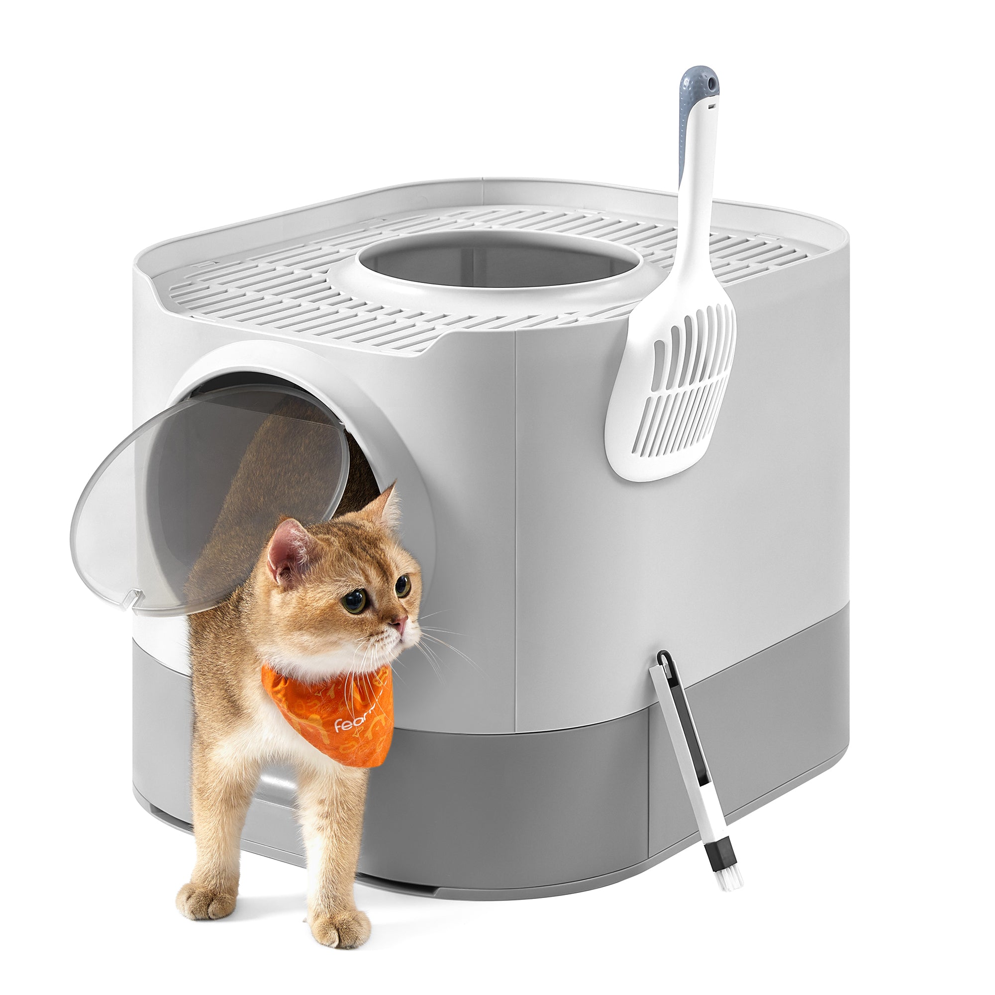 Feandrea suljettu kissanhiekkalaatikko, XXL, kannella, ulosvedettävällä tarjottimella, lapiolla ja harjalla, eri kokoisille kissoille, vähemmän jälkiä, kyyhkynharmaa ja vaaleanharmaa