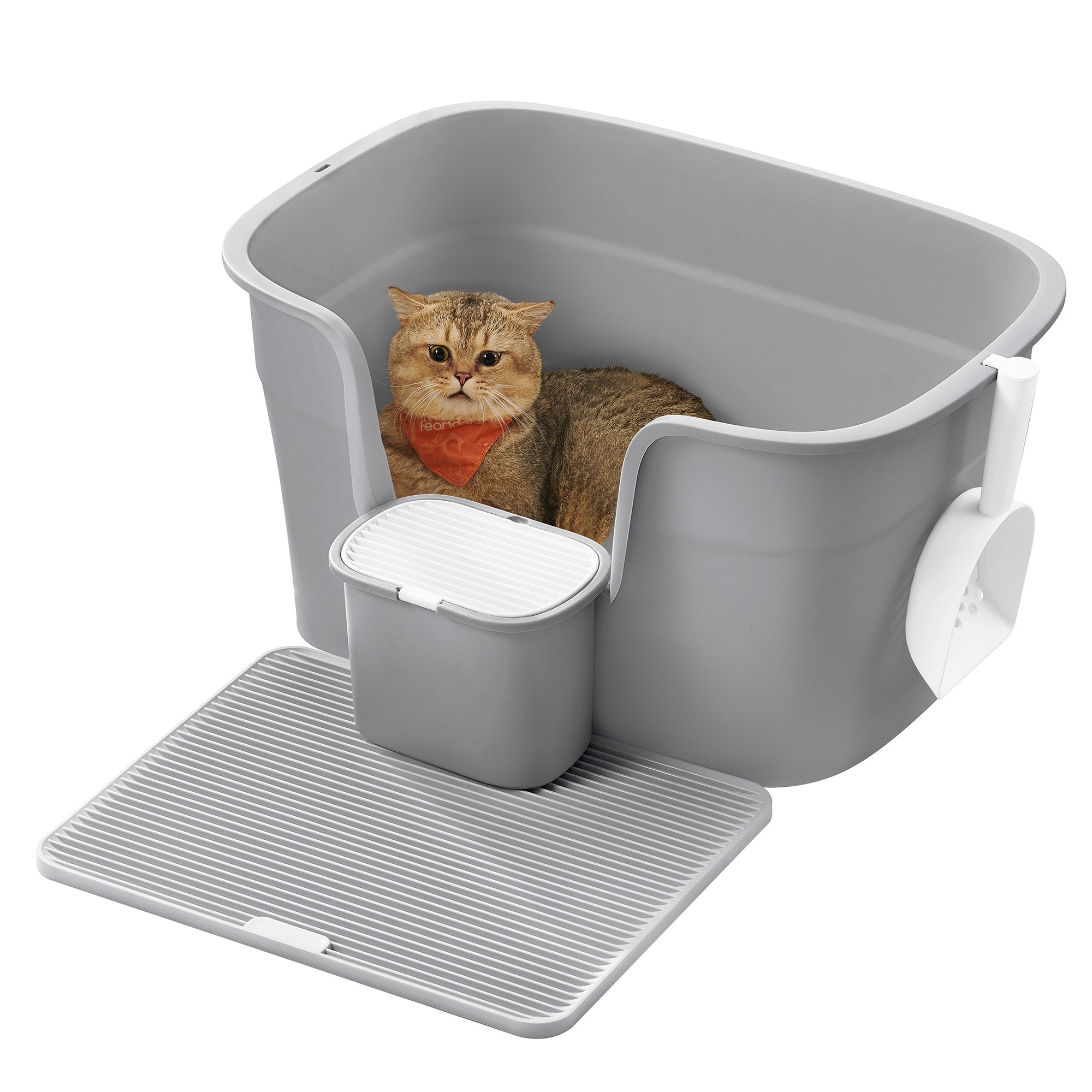 Feandrea kissanhiekkalaatikko, erittäin suuri laatikko sivuseinällä, mukana hiekkamatto, säilytyslaatikko ja lapio, suurille kissoille, kyyhkynharmaa