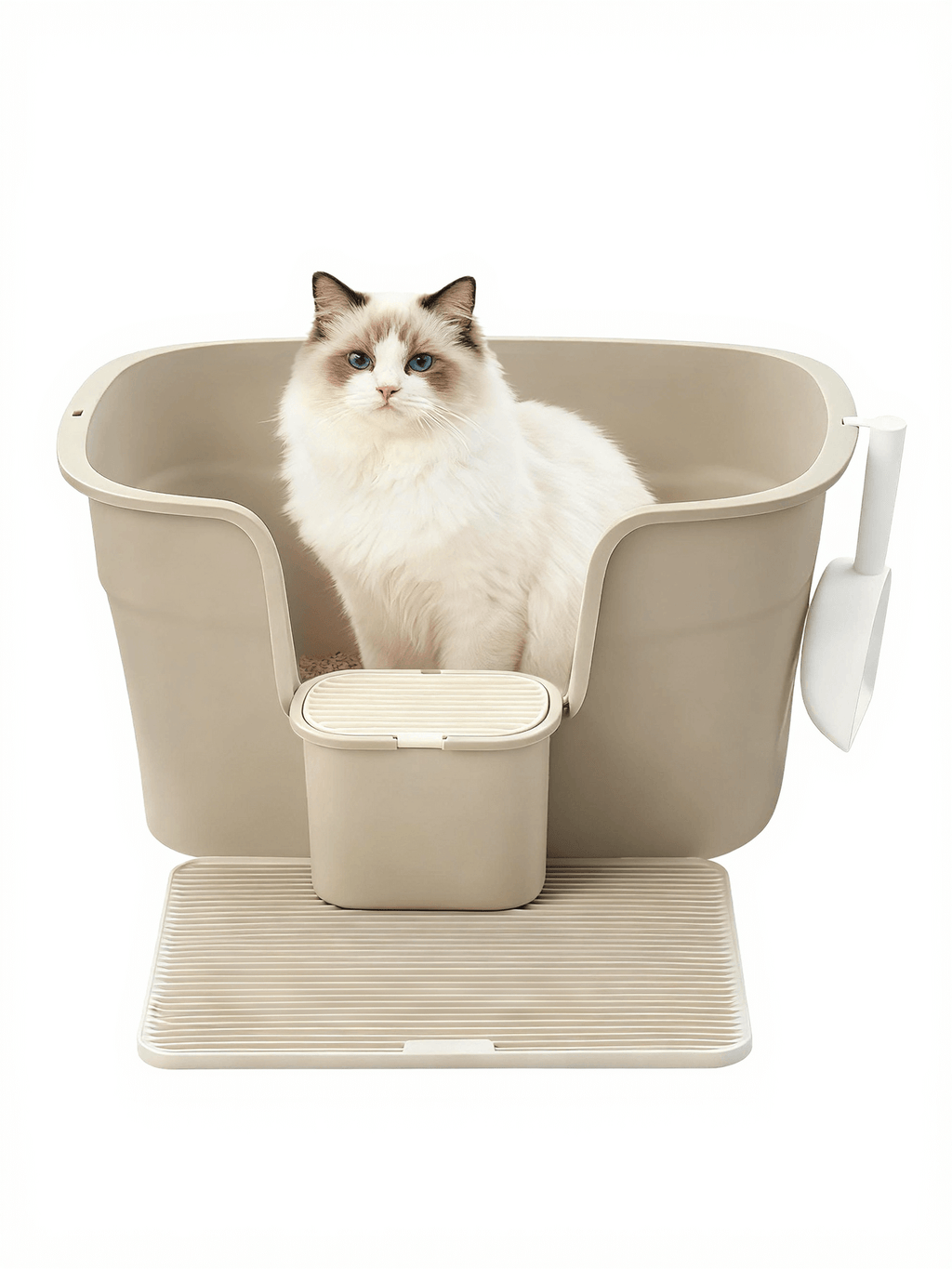 Feandrea kissanhiekkalaatikko, erittäin suuri laatikko korkeilla reunoilla, mukana hiekanerottelulevy, säilytyslaatikko ja lapio, suurille kissoille, cappuccinobeige