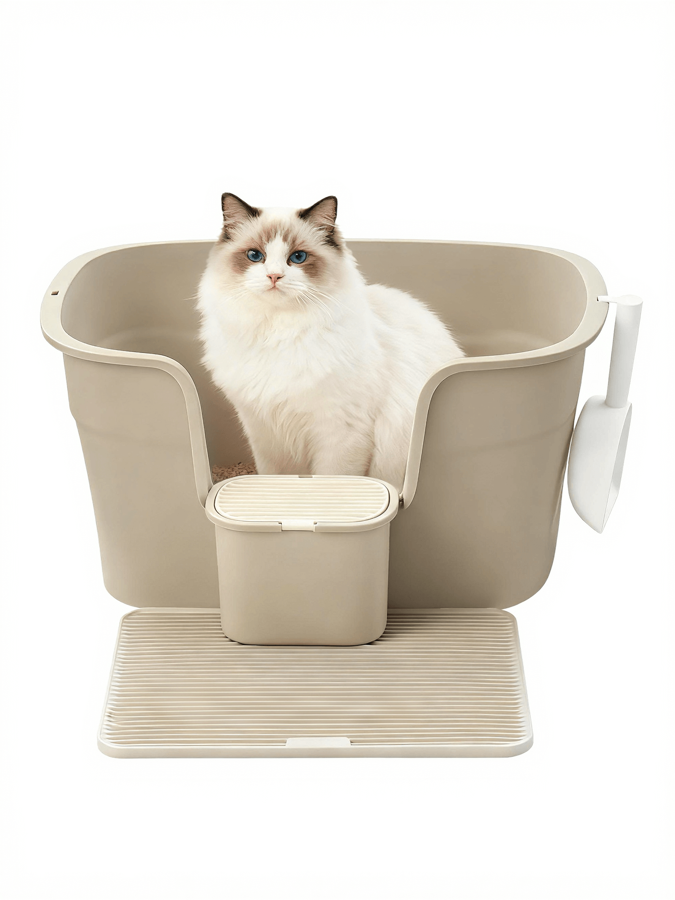 Feandrea kissanhiekkalaatikko, erittäin suuri laatikko korkeilla reunoilla, mukana hiekanerottelulevy, säilytyslaatikko ja lapio, suurille kissoille, cappuccinobeige