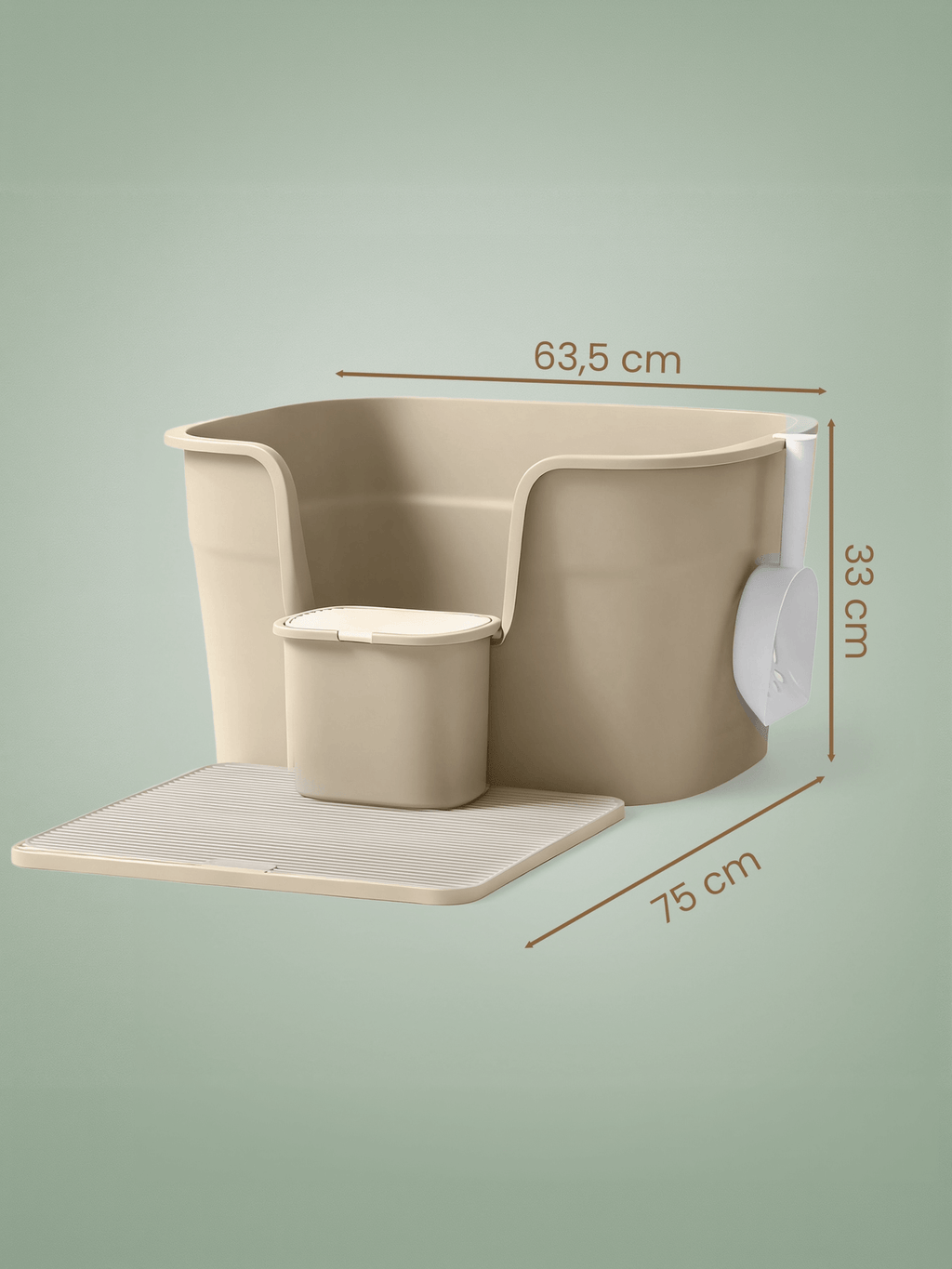 Feandrea kissanhiekkalaatikko, erittäin suuri laatikko korkeilla reunoilla, mukana hiekanerottelulevy, säilytyslaatikko ja lapio, suurille kissoille, cappuccinobeige