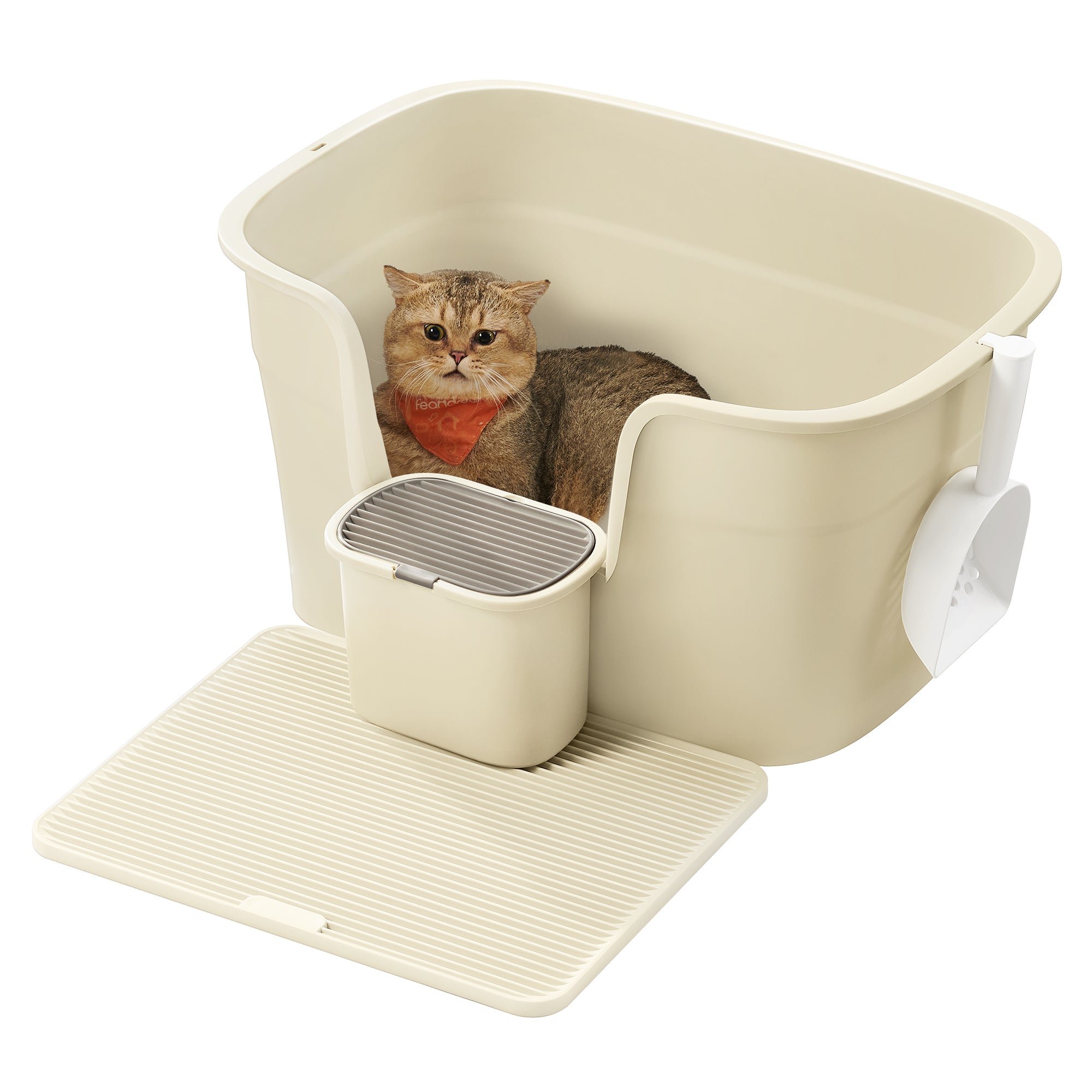 Feandrea kissanhiekkalaatikko kotiin, erittäin suuri, korotetuilla sivuilla, hiekanerottelulevyllä, säilytyslaatikolla ja lapiolla, useille suurille kissoille, hiekkabeige