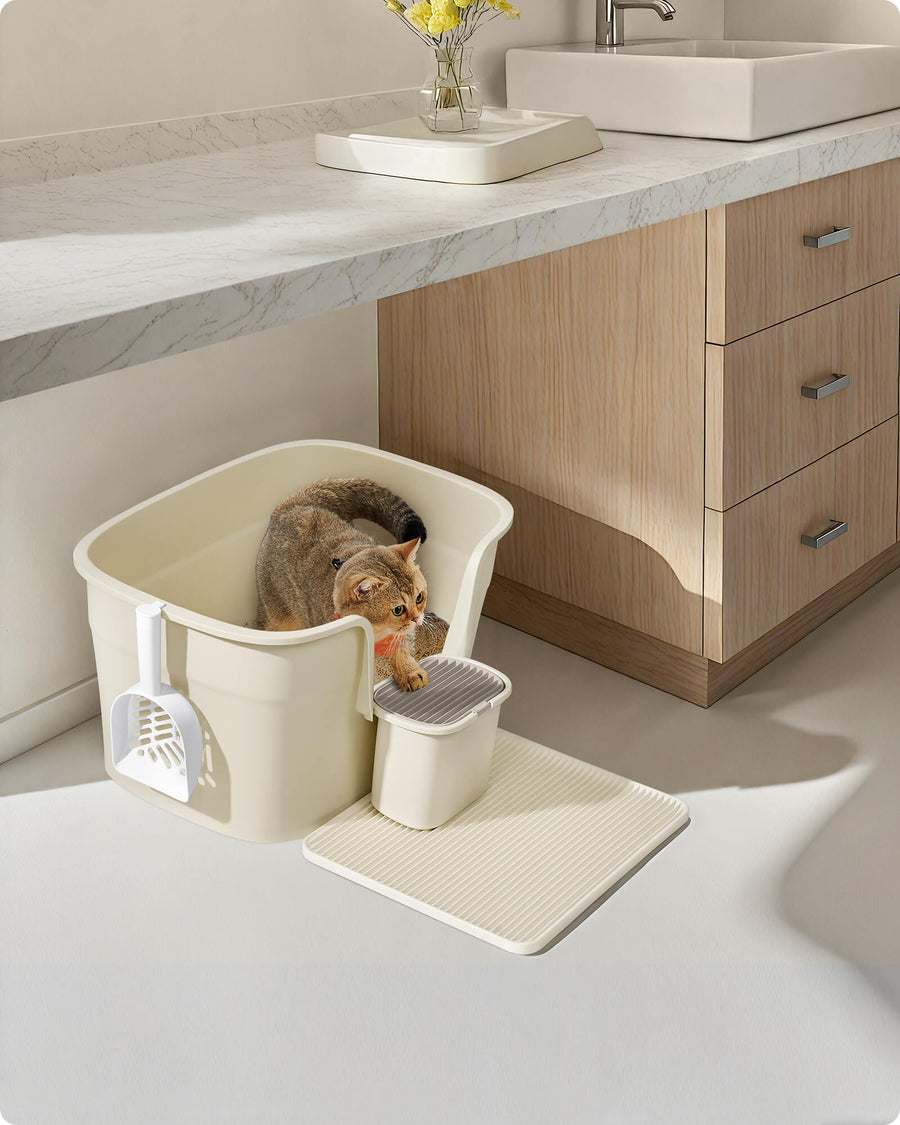 Feandrea kattlåda för hemmabruk, extra stor, med upphöjda sidor, avskiljningsbricka, förvaringslåda och skopa, för flera stora katter, sandbeige