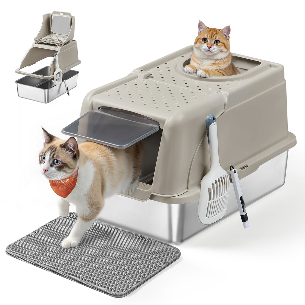 Feandrea ruostumattomasta teräksestä valmistettu kissanvessa, kääntyvä kansi, XL suljettu kissanvessa, kissoille jopa 15 kg, vuotamaton rakenne, lapio, harja, kaksoissisäänkäynti, cappuccino-beige