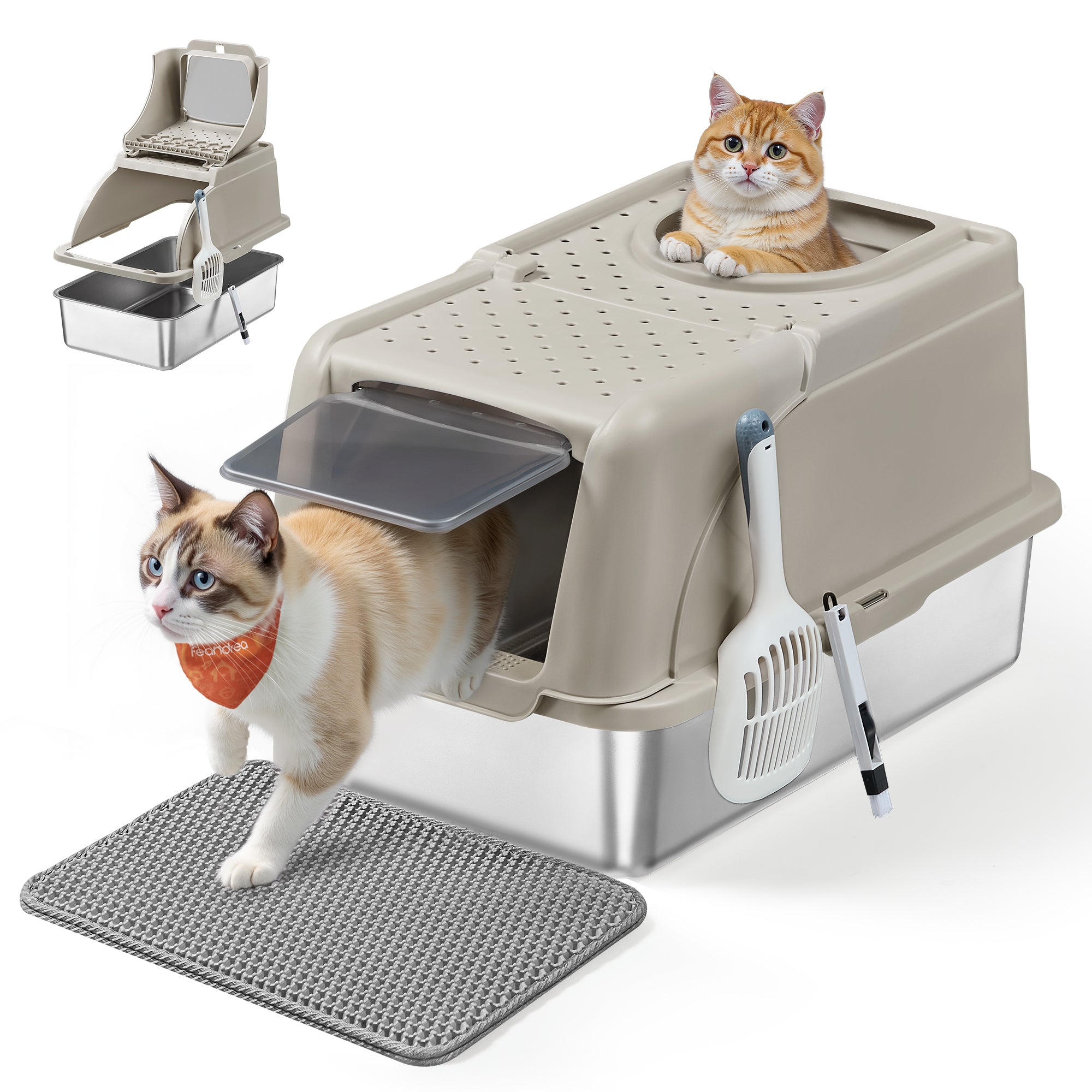 Feandrea ruostumattomasta teräksestä valmistettu kissanvessa, kääntyvä kansi, XL suljettu kissanvessa, kissoille jopa 15 kg, vuotamaton rakenne, lapio, harja, kaksoissisäänkäynti, cappuccino-beige