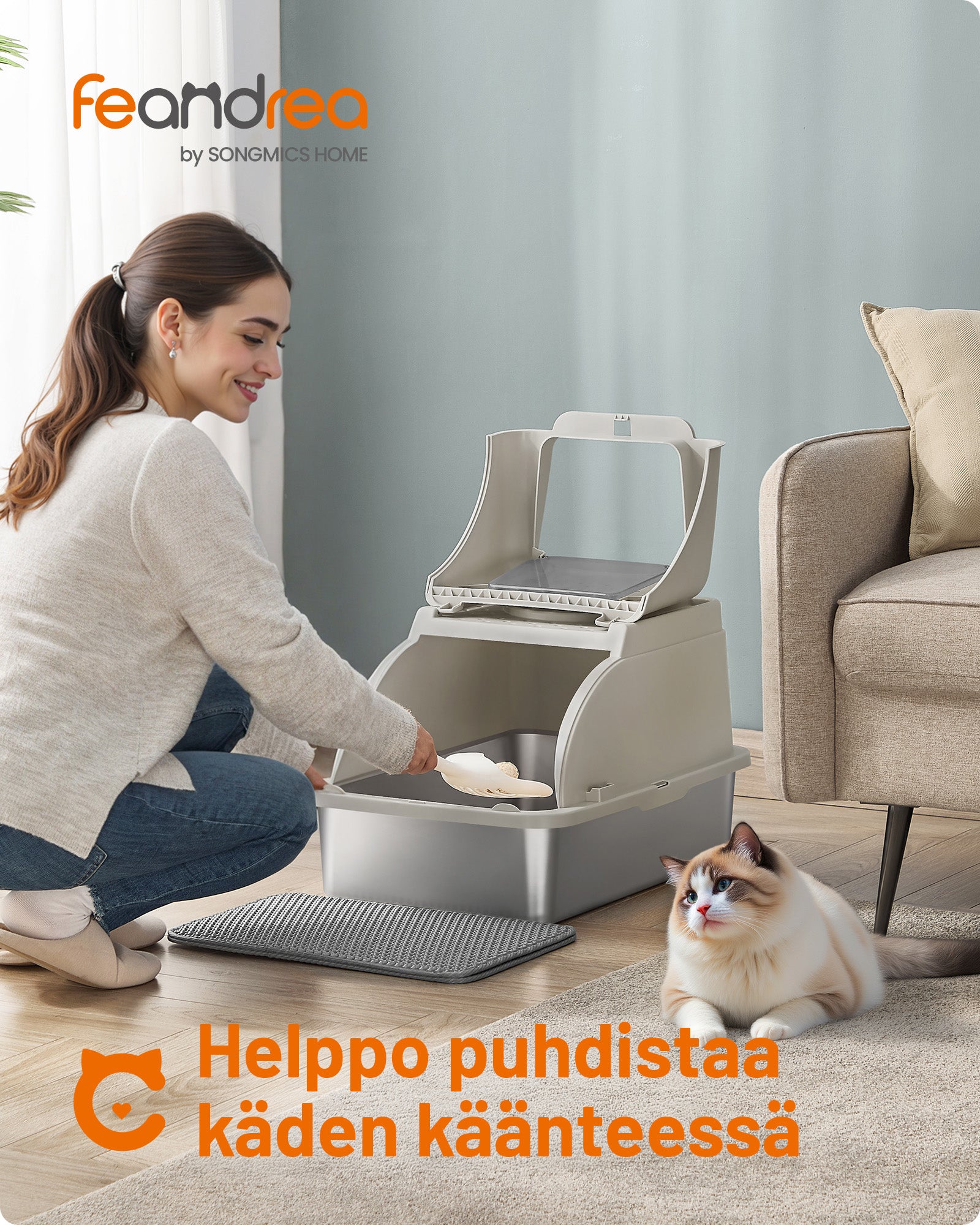 Feandrea ruostumattomasta teräksestä valmistettu kissanvessa, kääntyvä kansi, XL suljettu kissanvessa, kissoille jopa 15 kg, vuotamaton rakenne, lapio, harja, kaksoissisäänkäynti, cappuccino-beige