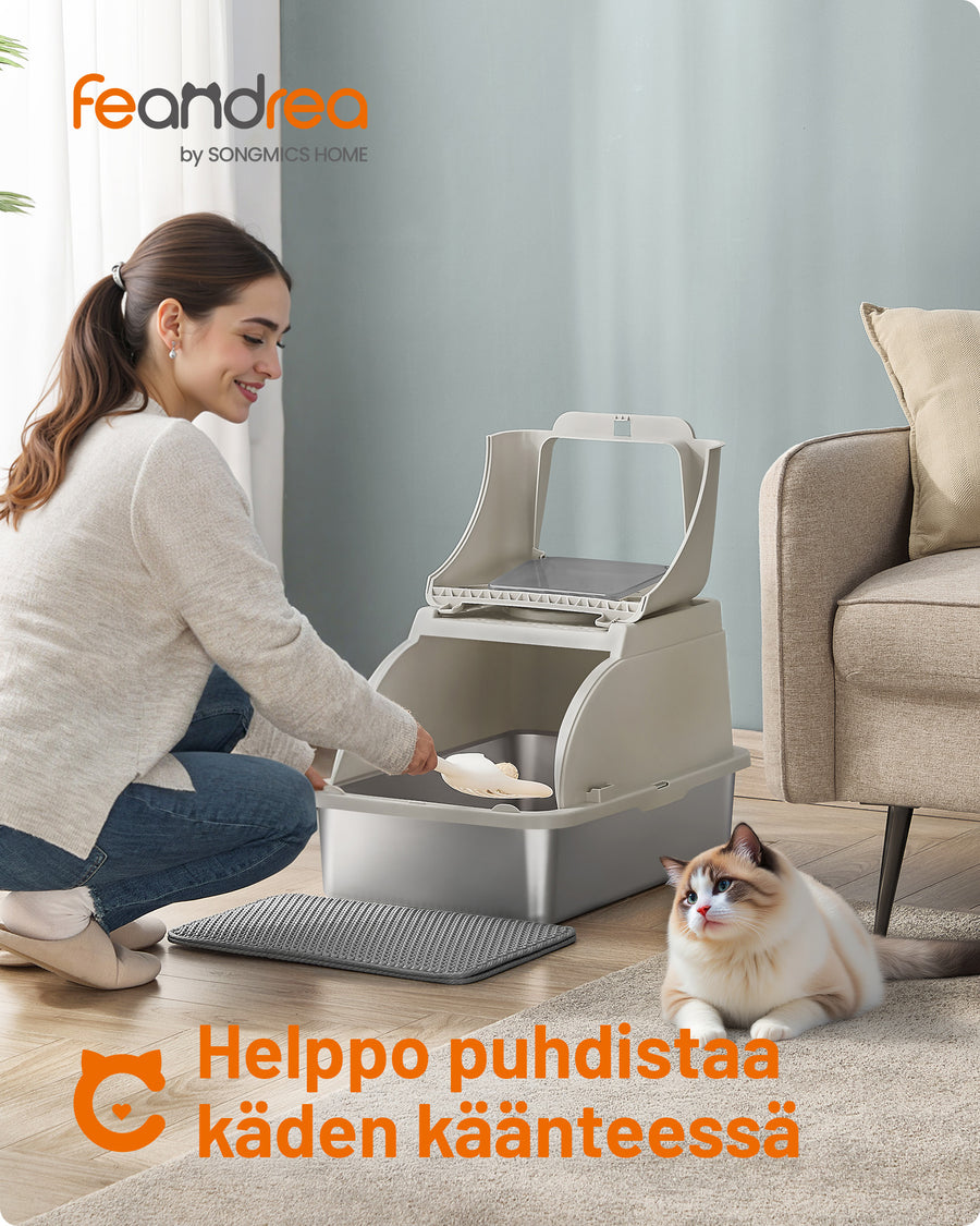 Feandrea ruostumattomasta teräksestä valmistettu kissanvessa, kääntyvä kansi, XL suljettu kissanvessa, kissoille jopa 15 kg, vuotamaton rakenne, lapio, harja, kaksoissisäänkäynti, cappuccino-beige