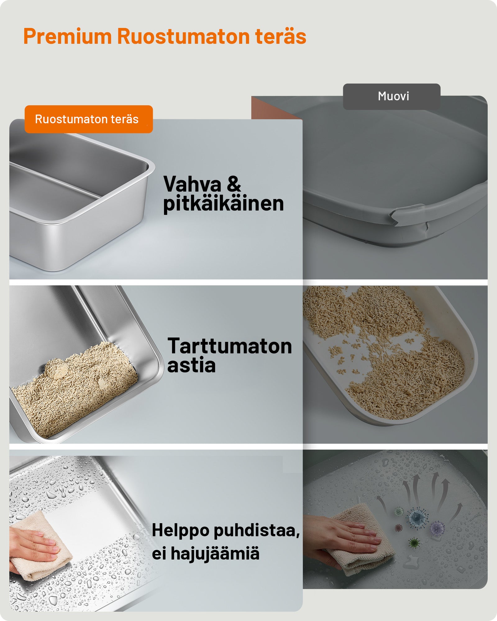 Feandrea ruostumattomasta teräksestä valmistettu kissanvessa, kääntyvä kansi, XL suljettu kissanvessa, kissoille jopa 15 kg, vuotamaton rakenne, lapio, harja, kaksoissisäänkäynti, cappuccino-beige