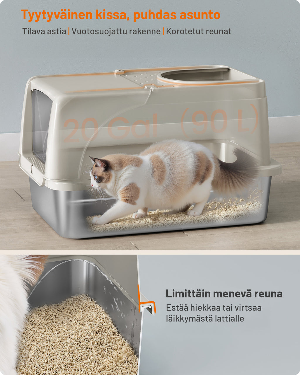 Feandrea ruostumattomasta teräksestä valmistettu kissanvessa, kääntyvällä kannella, XL, 15 kg kantavuus, harmaa