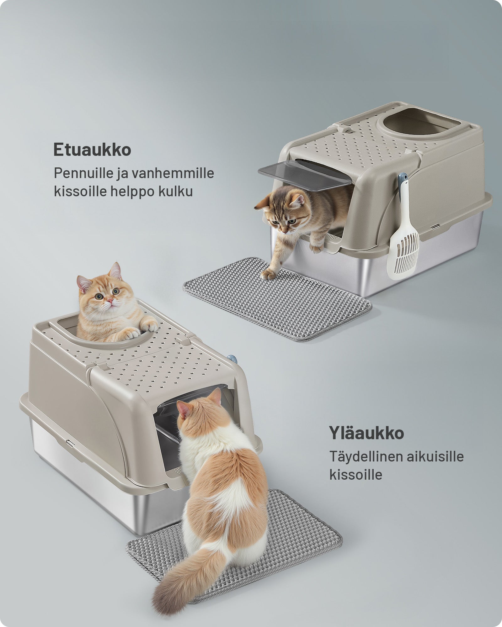 Feandrea ruostumattomasta teräksestä valmistettu kissanvessa, kääntyvä kansi, XL suljettu kissanvessa, kissoille jopa 15 kg, vuotamaton rakenne, lapio, harja, kaksoissisäänkäynti, cappuccino-beige