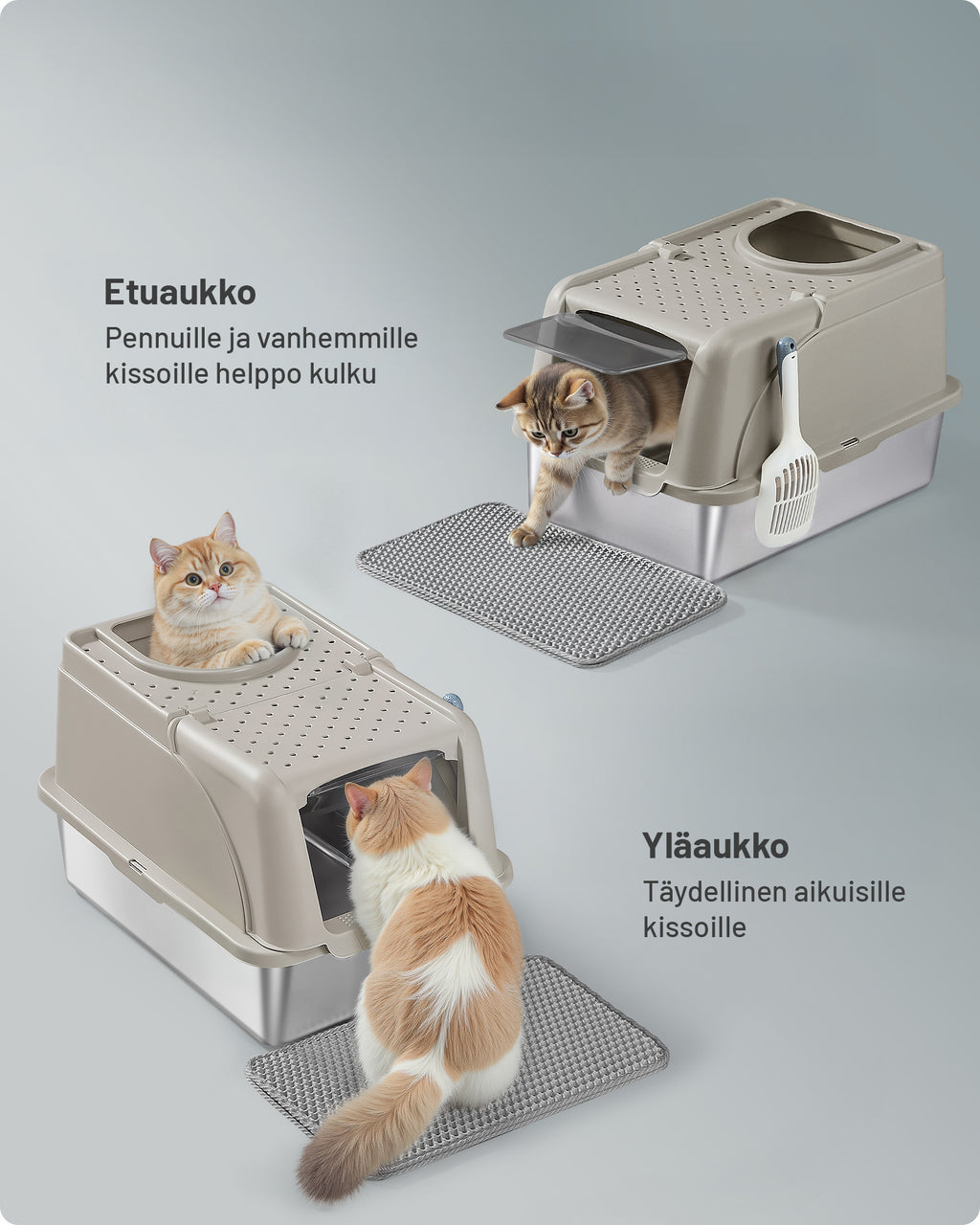 Feandrea ruostumattomasta teräksestä valmistettu kissanvessa, kääntyvällä kannella, XL, 15 kg kantavuus, harmaa