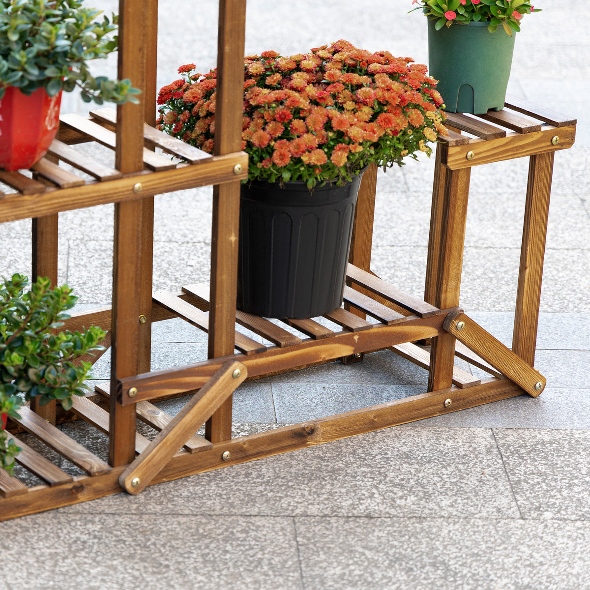 Puinen kuusitasoinen kukkaportaikko, 95 x 28 x 96,5 cm, hiillostettu