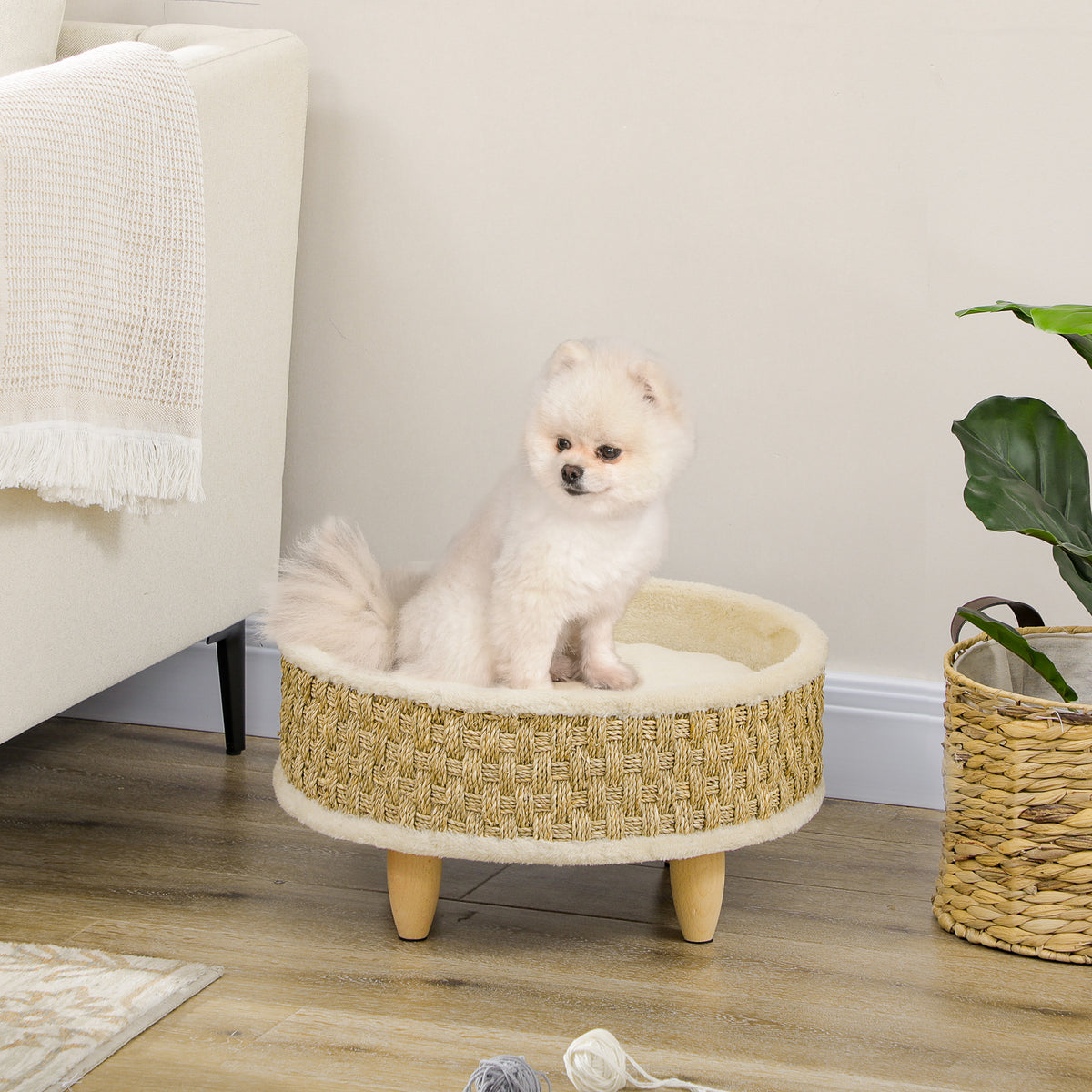 Lemmikin peti merileväpunoksella ja pestävällä tyynyllä, kissoille ja koirille, Ø 48 cm, beige