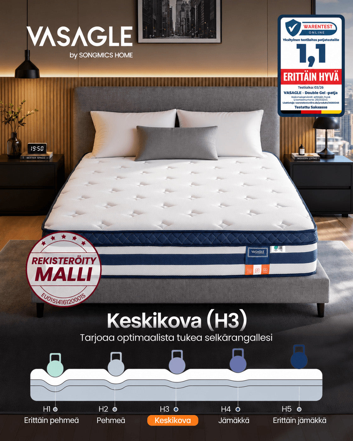Patja 140 × 200 × 25 cm, taskujousi- ja geelimuistivaahtopatja, keskikova H3, 7 tukivyöhykettä, liike-eristys, hengittävä päällinen, sininen