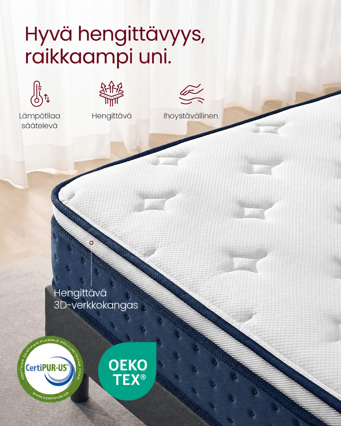 Patja 140 × 200 × 25 cm, taskujousipatja geelimuistivaahdosta, keskikova H3, 7 tukivyöhykettä, liike-eristys, hengittävä päällinen, sininen