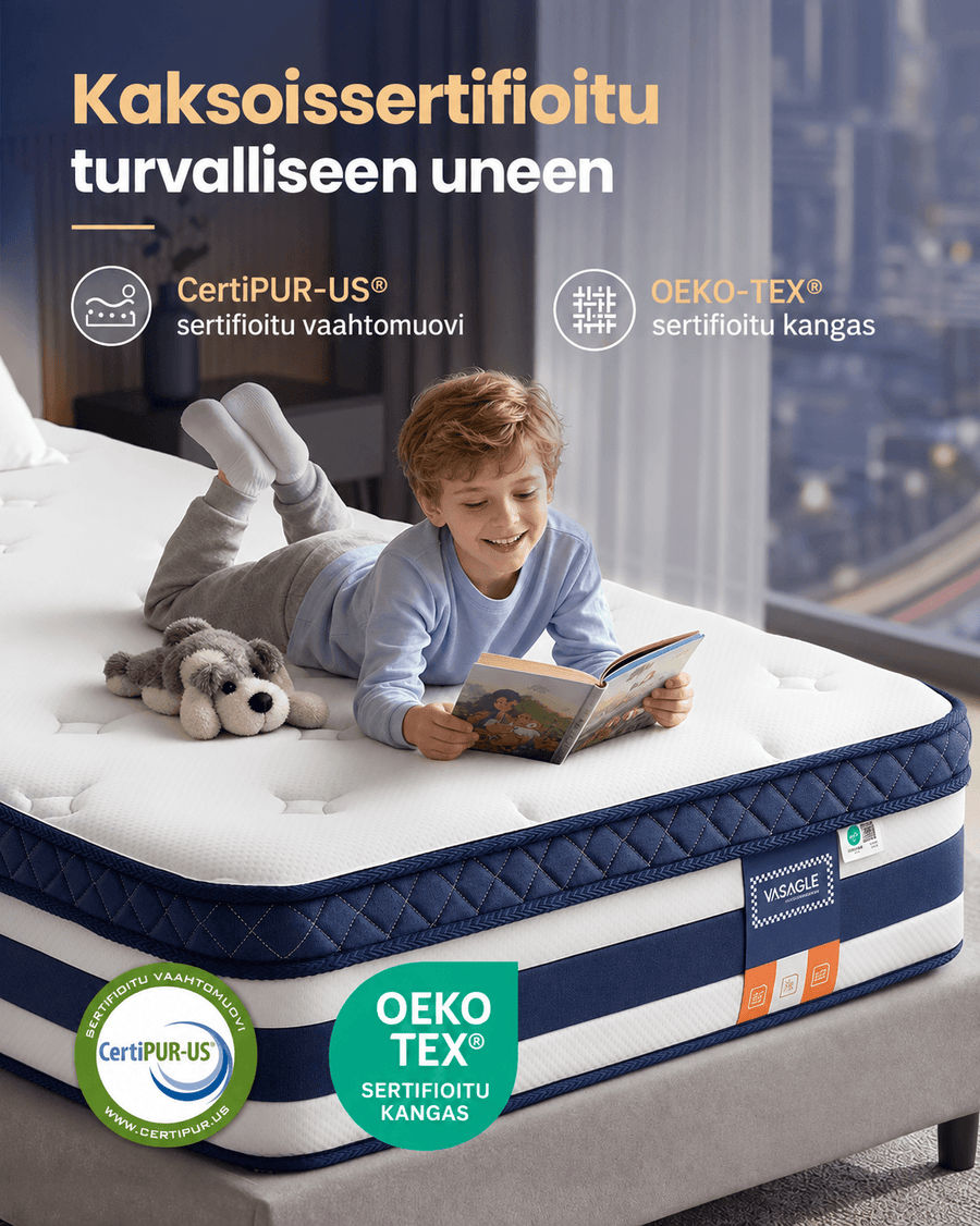 Patja 90 × 200 × 25 cm, geelimuistivaahto- ja taskujousipatja, keskikova (H3), 7 tukivyöhykettä, liike-eristys, hengittävä päällinen, sininen
