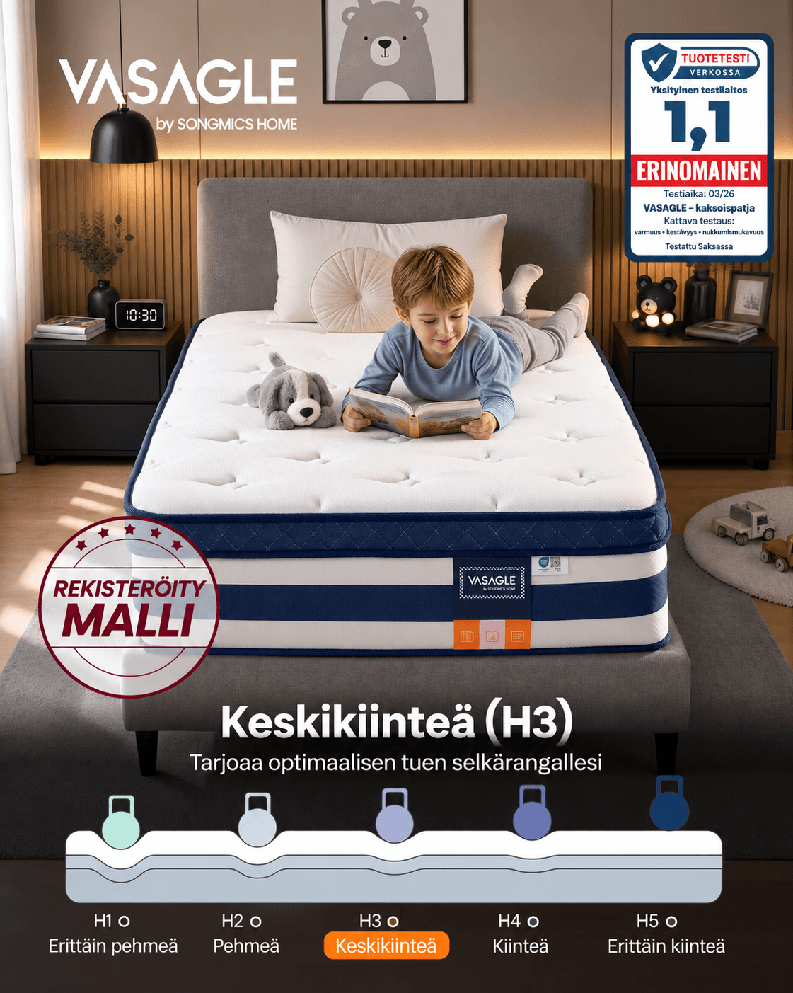 Patja 90 × 200 × 25 cm, geelimuistivaahto- ja taskujousipatja, keskikova (H3), 7 tukivyöhykettä, liike-eristys, hengittävä päällinen, sininen
