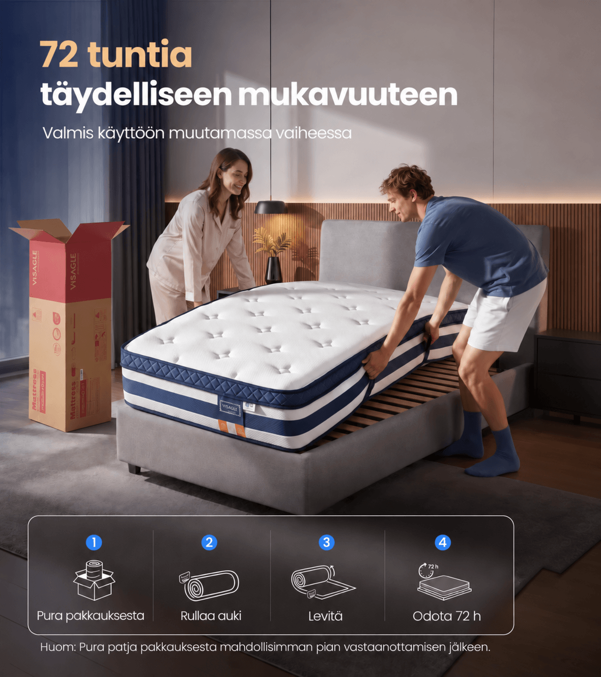 Patja 90 × 200 × 25 cm, geelimuistivaahto- ja taskujousipatja, keskikova (H3), 7 tukivyöhykettä, liike-eristys, hengittävä päällinen, sininen