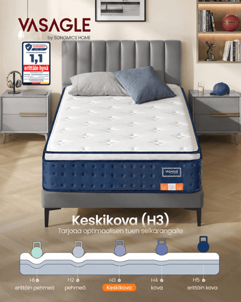 Patja 90 × 200 × 25 cm, keskikova geelimuistivaahto- ja taskujousipatja, H3, 7 tukivyöhykettä, liike-eristys, hengittävä päällinen, sininen