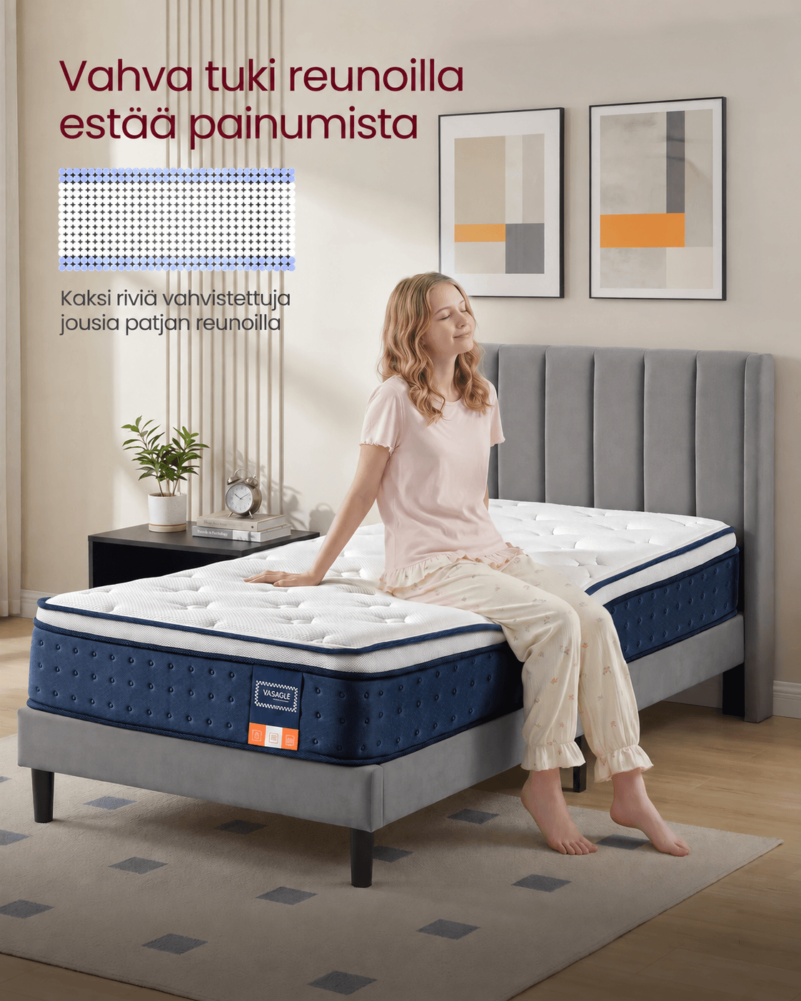 Patja 90 × 200 × 25 cm, keskikova geelimuistivaahto- ja taskujousipatja, H3, 7 tukivyöhykettä, liike-eristys, hengittävä päällinen, sininen