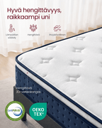 Patja 90 × 200 × 25 cm, keskikova geelimuistivaahto- ja taskujousipatja, H3, 7 tukivyöhykettä, liike-eristys, hengittävä päällinen, sininen