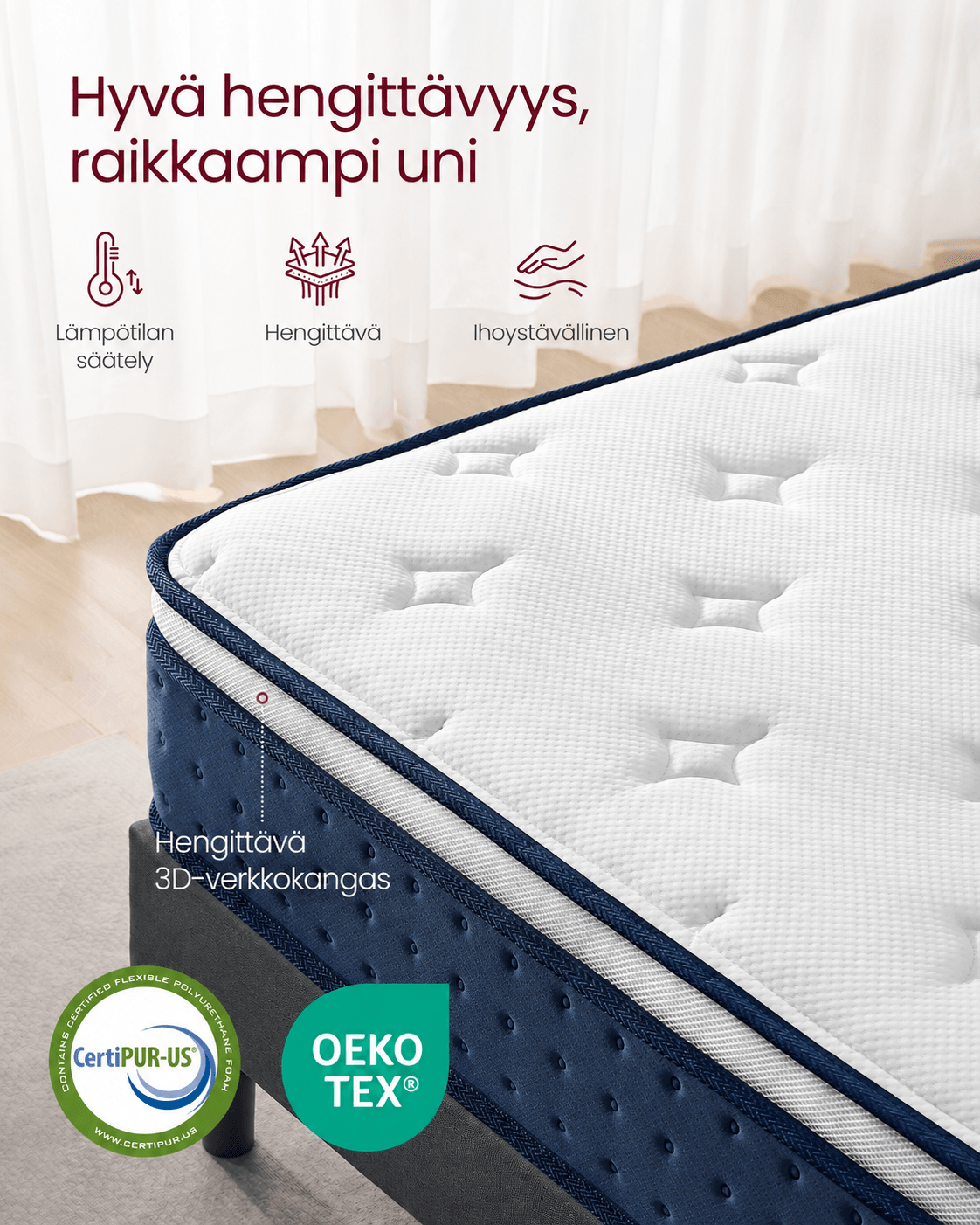 Patja 90 × 200 × 25 cm, keskikova geelimuistivaahto- ja taskujousipatja, H3, 7 tukivyöhykettä, liike-eristys, hengittävä päällinen, sininen