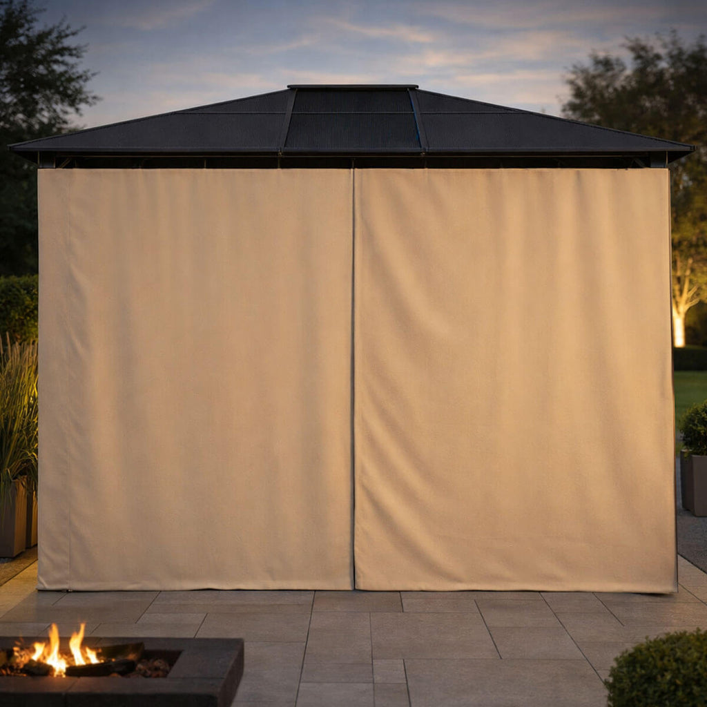 Paviljonki 360 x 300 cm PC-katolla – 6 mm katto, galvanoitu teräsrunko, verhot, beige