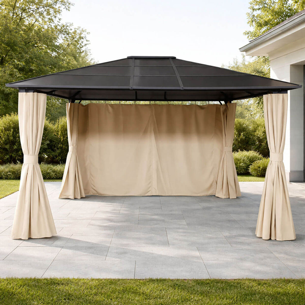 Paviljonki 360 x 300 cm PC-katolla – 6 mm katto, galvanoitu teräsrunko, verhot, beige