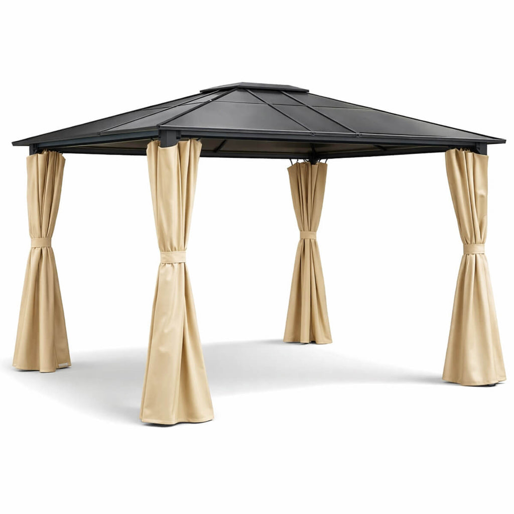 Paviljonki 360 x 300 cm PC-katolla – 6 mm katto, galvanoitu teräsrunko, verhot, beige