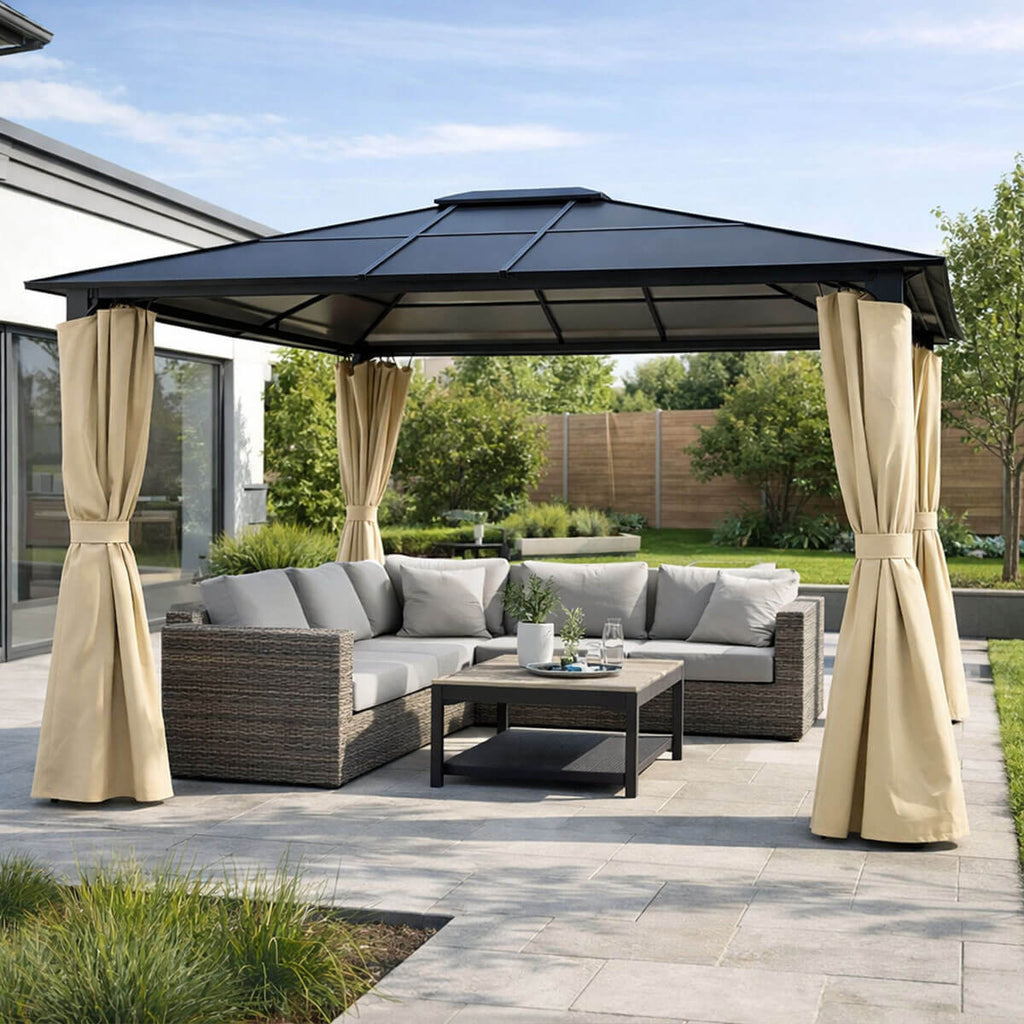 Paviljonki 360 x 300 cm PC-katolla – 6 mm katto, galvanoitu teräsrunko, verhot, beige