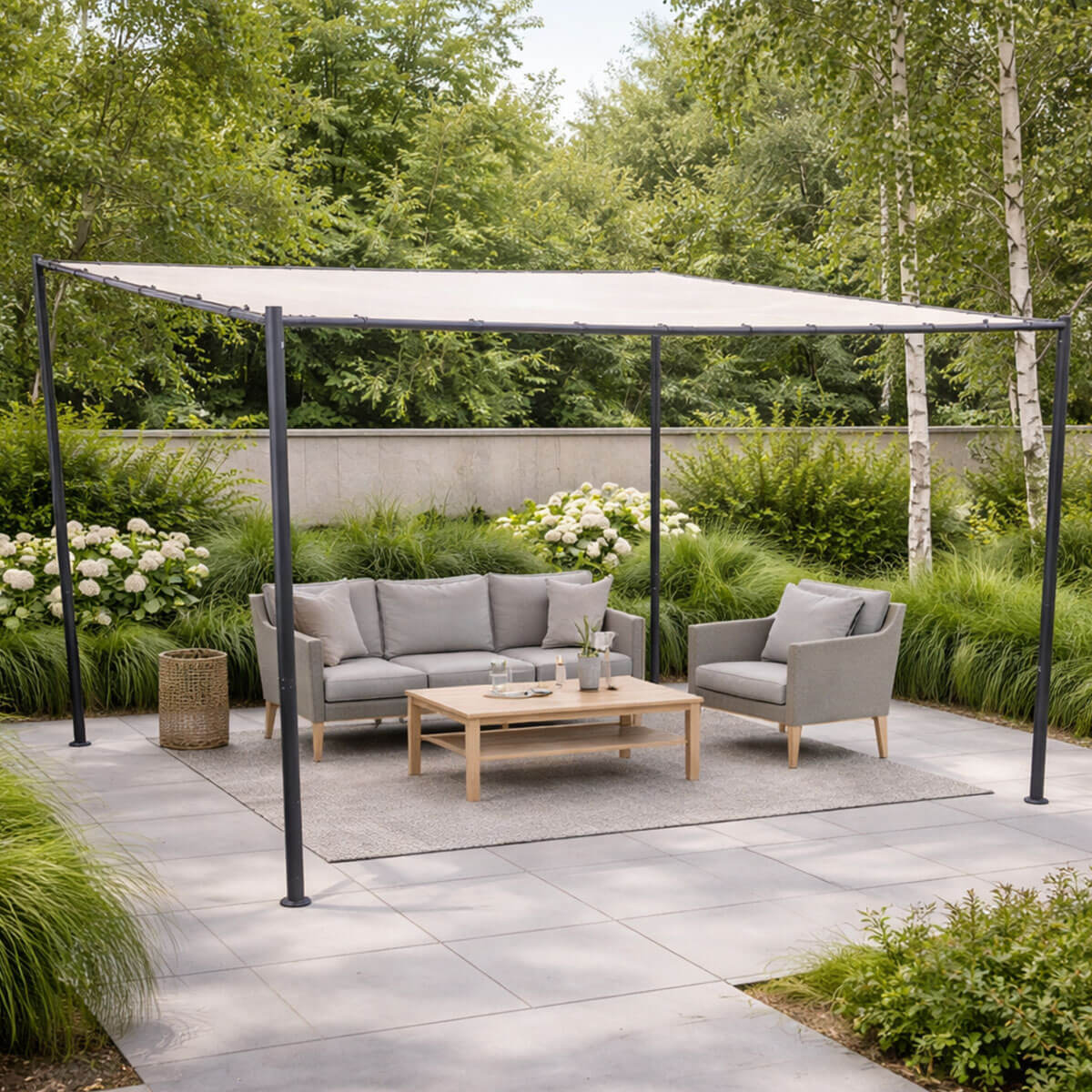 Paviljonki 300 x 400 cm – kalteva katto, galvanoitu teräsrunko, 180 g polyesterikatos