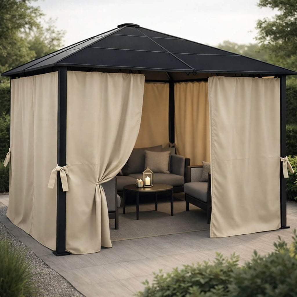 Paviljonki 3 x 3 m PC-katolla – 6 mm katto, sivuverhot, teräsrunko, beige