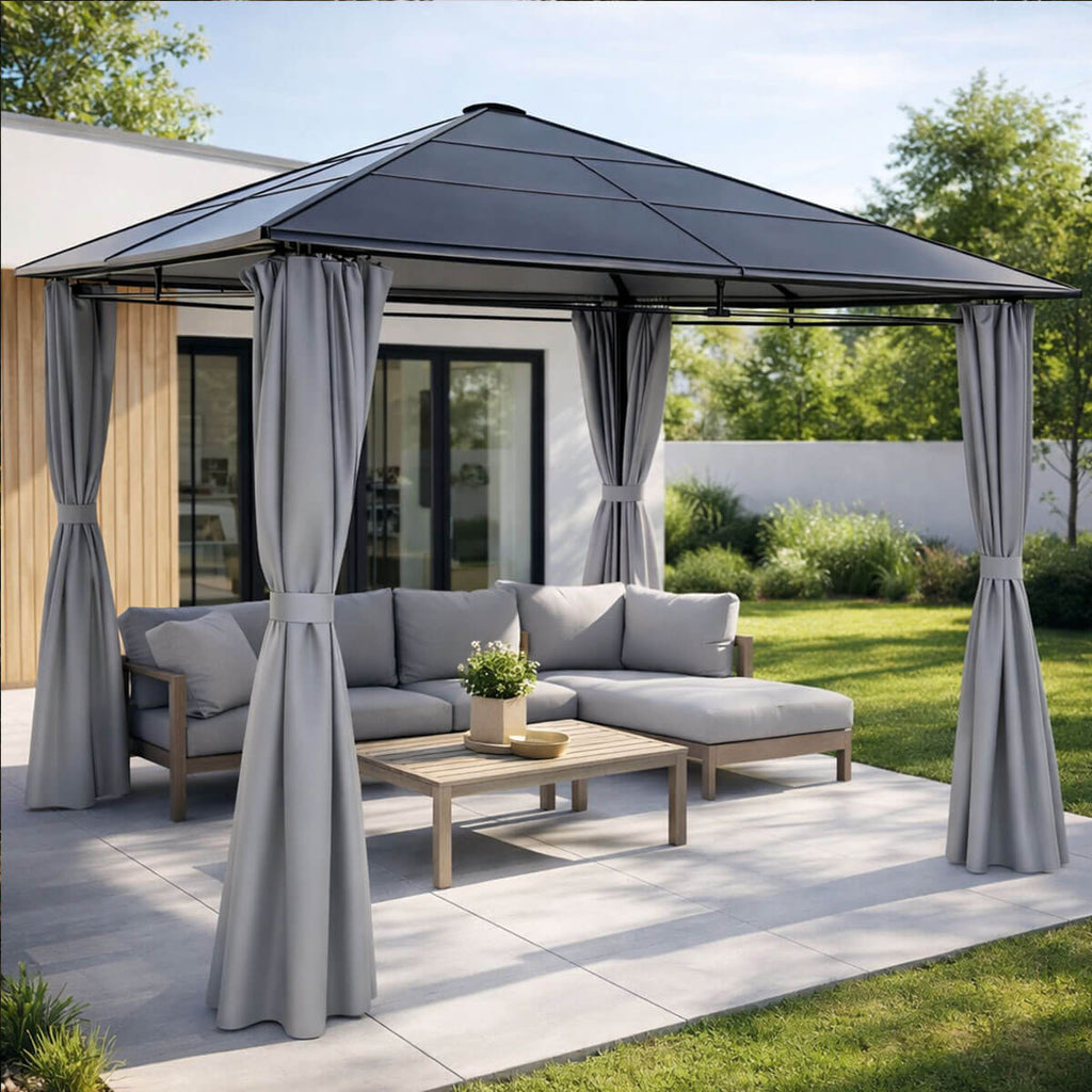 Paviljonki 3 x 3 m PC-katolla – 6 mm katto, sivuverhot, teräsrunko, harmaa