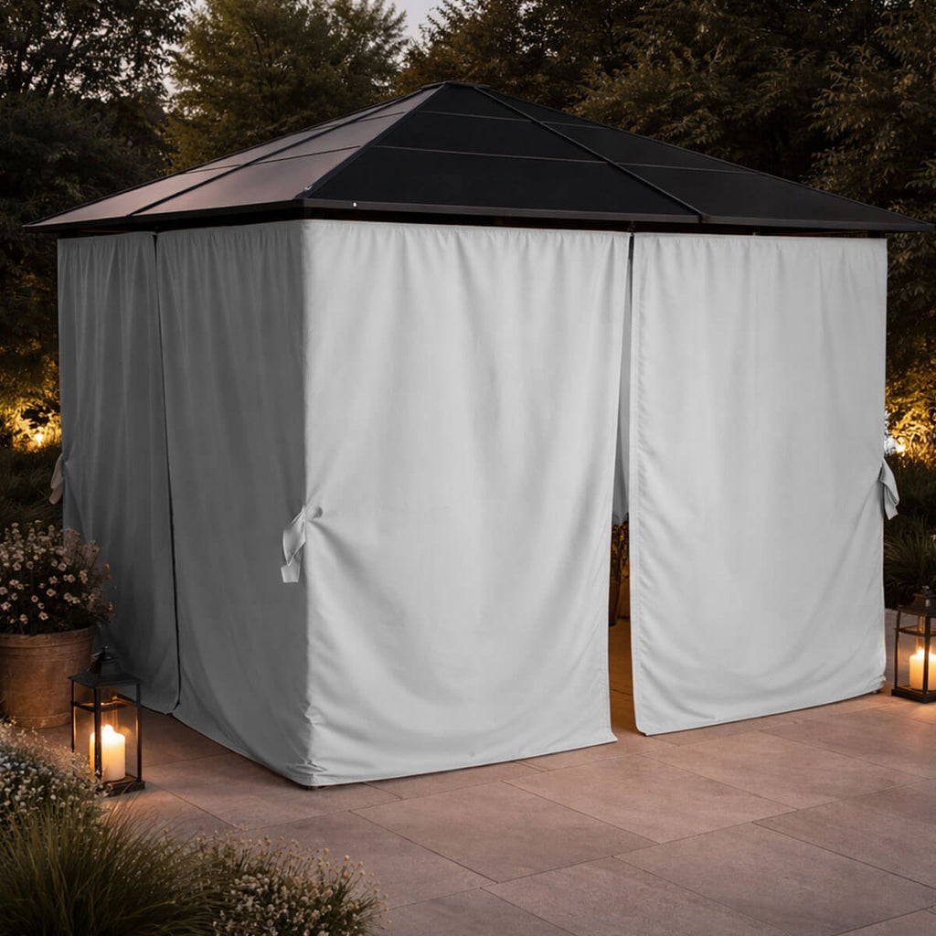 Paviljonki 3 x 3 m PC-katolla – 6 mm katto, sivuverhot, teräsrunko, harmaa