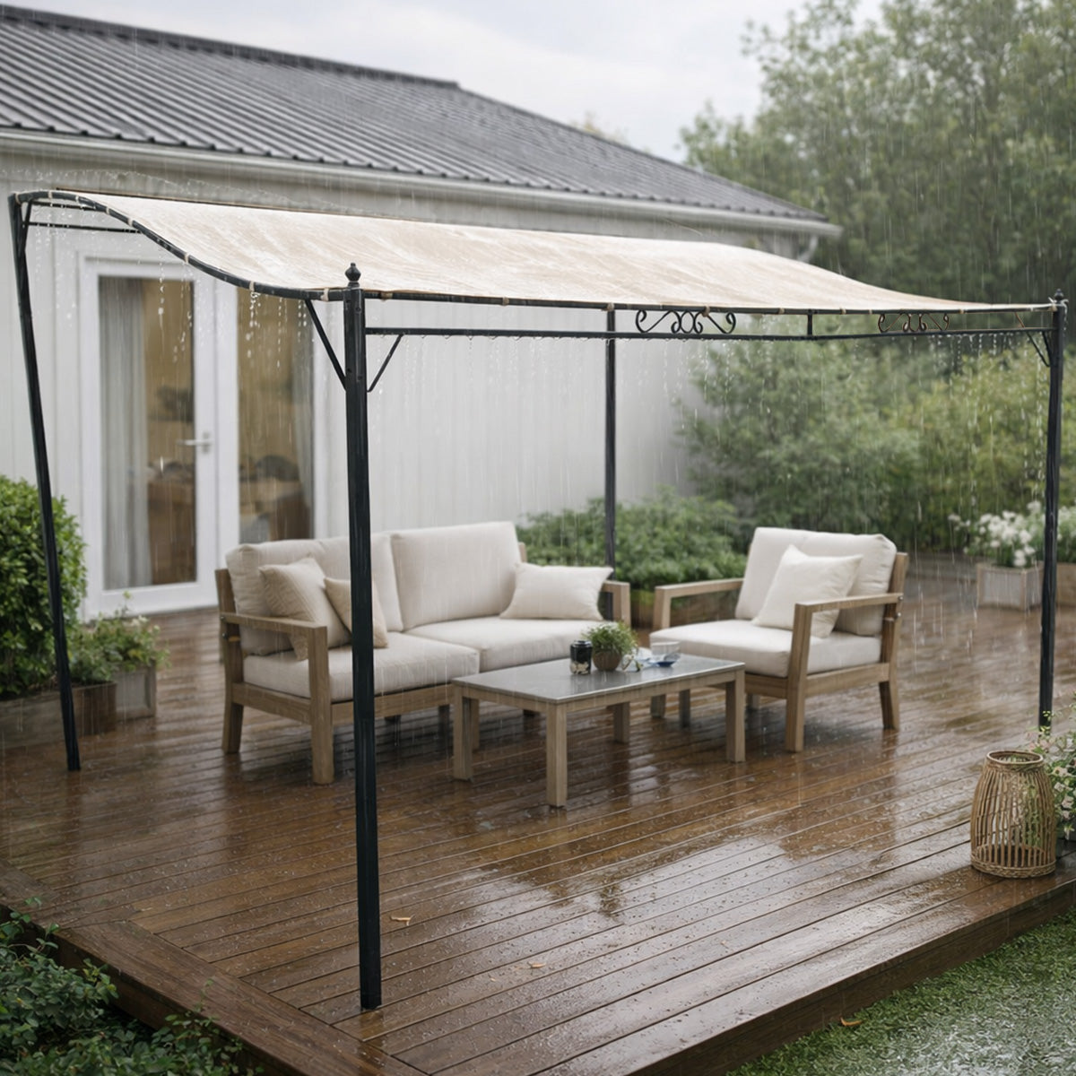 Paviljong 3 x 4 m – vågformad tak, stålram, 180 g polyesterduk, beige