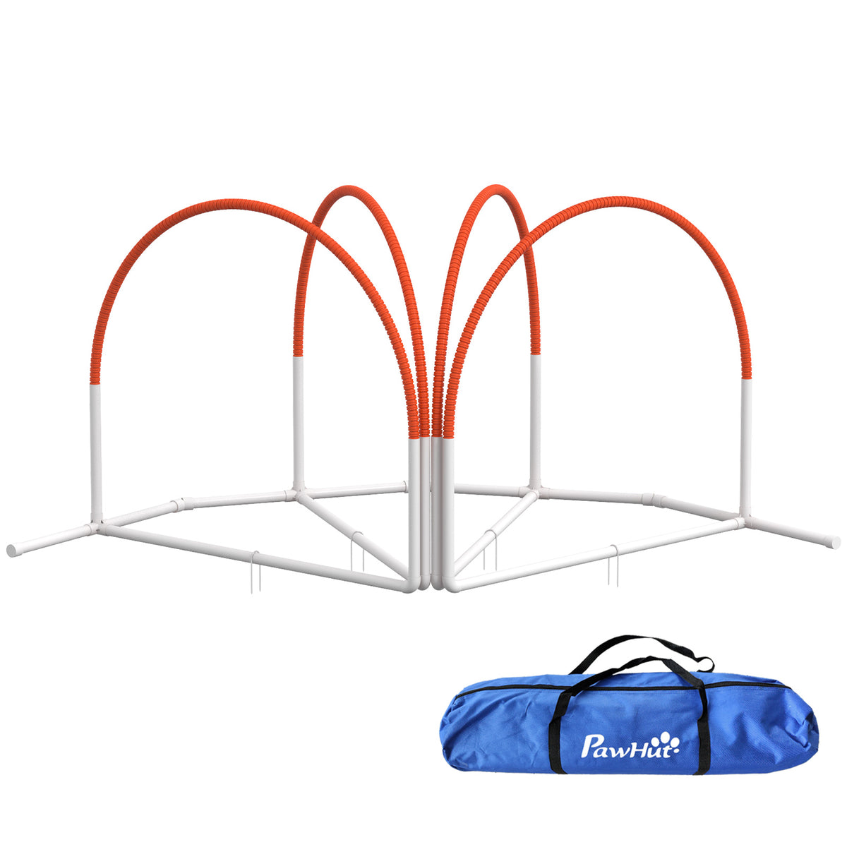 Koiran agility-setti 4 osaa maapiikeillä ja kantolaukulla, 89 x 69 x 99 cm, valkoinen/oranssi