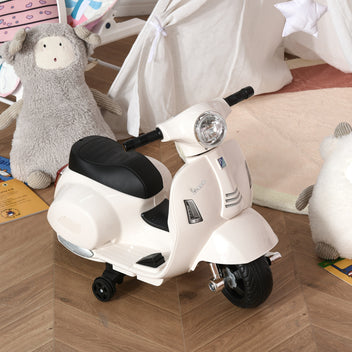 Lasten sähkömopo Vespa 6V irrotettavilla tukipyörillä, ajovalo ja äänitorvi, 1,5–3 v, valkoinen