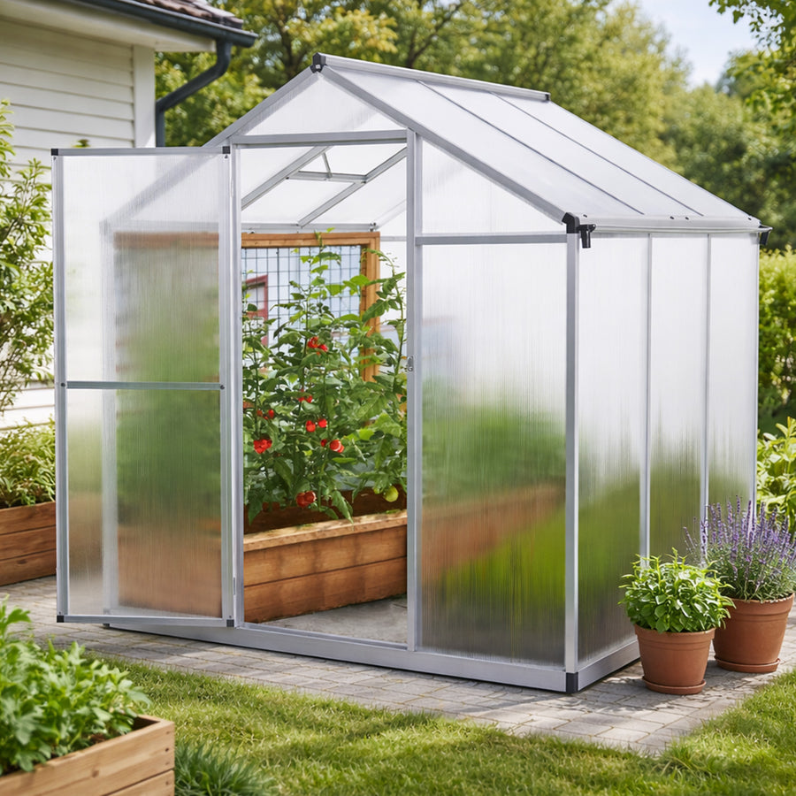 Växthus 3,3 m² – 4 mm 610 g/m² cellplattor, sockel, aluminiumram