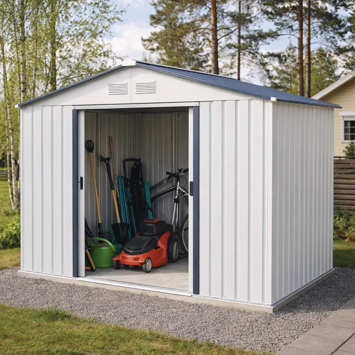 Pihavaja 5,3 m² – sinkitty teräs, liukuovet, sokkeli mukana