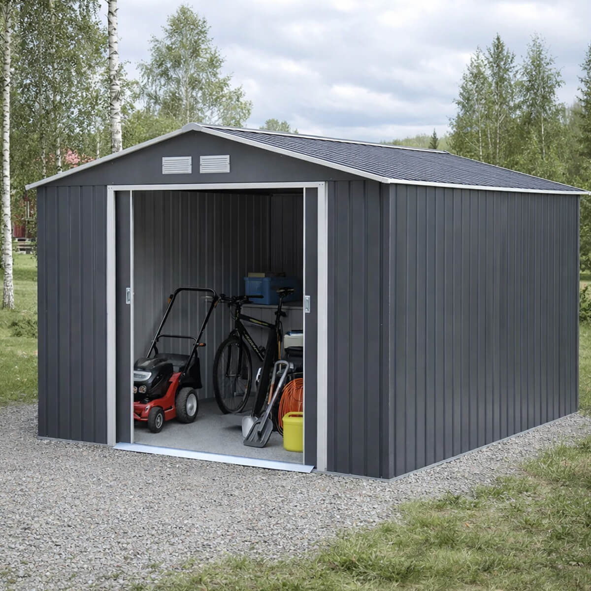 Trädgårdsskjul 8,8 m² – galvaniserat stål, 96 x 154 cm skjutdörrar, sockel